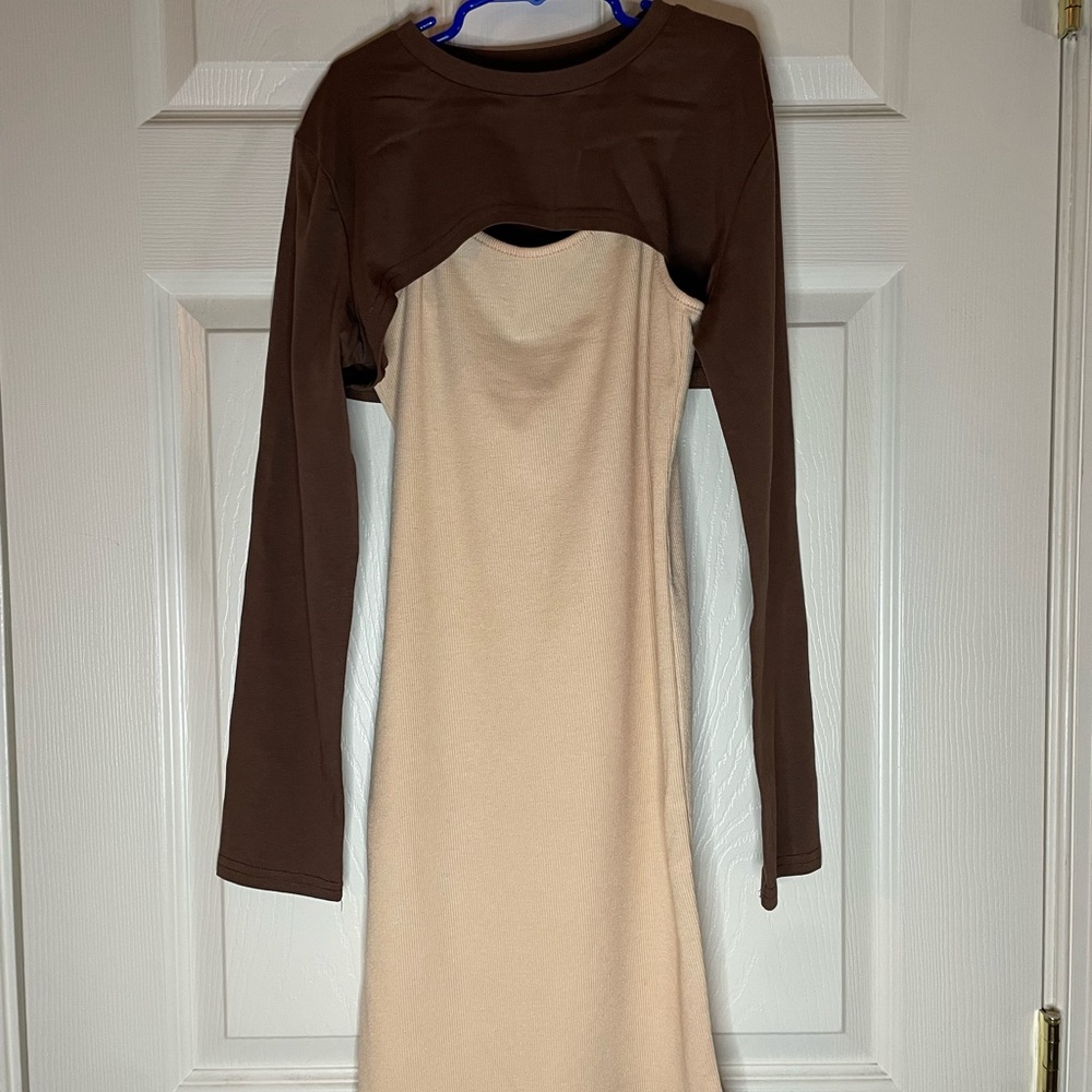 SHEIN Tan Dress with Long sleeved Brown Shrug